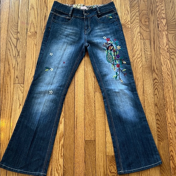 Vintage Leo Roma Jeans Italy Embroidered Y2K mcbling Peacock Floral Tapestry - Picture 1 of 8